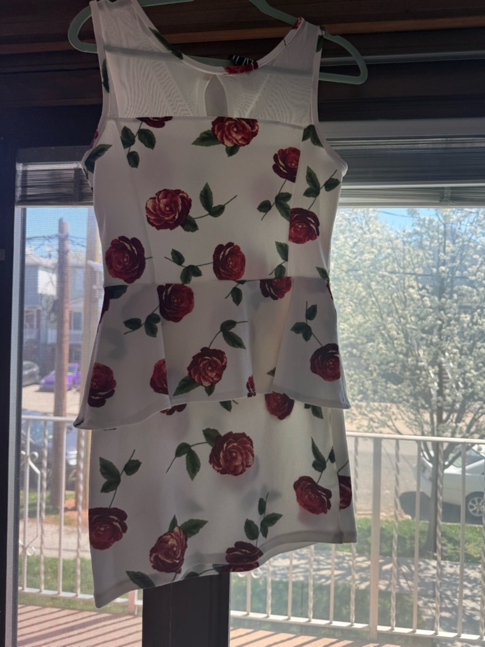 TMG New York White Peplum Dress with Red Rose Print